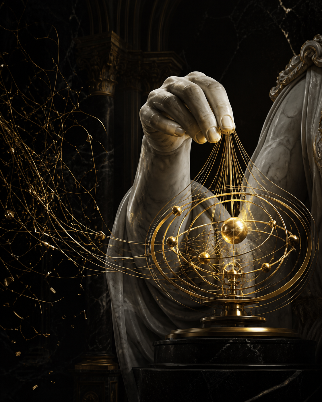 A Renaissance marble hand drawing scattered golden threads into an ordered mechanical orbit